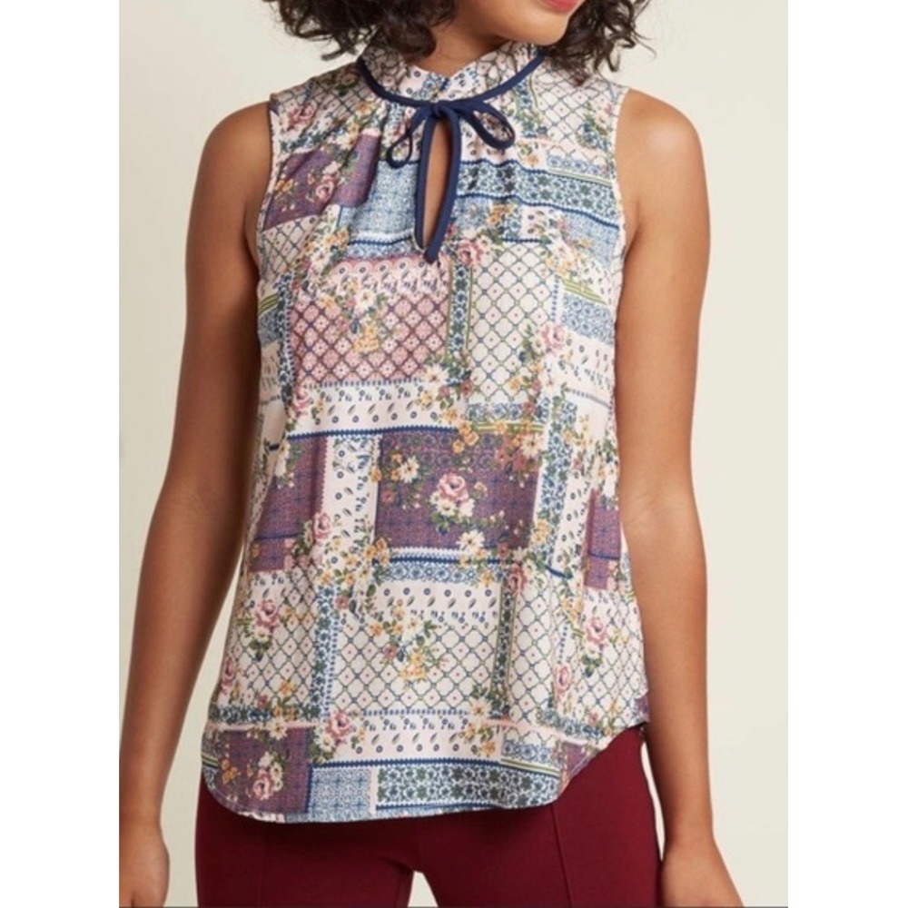ModCloth XL Floral Romantic Patchwork Sleeveless Blouse Tie Neck Boho Cottage
